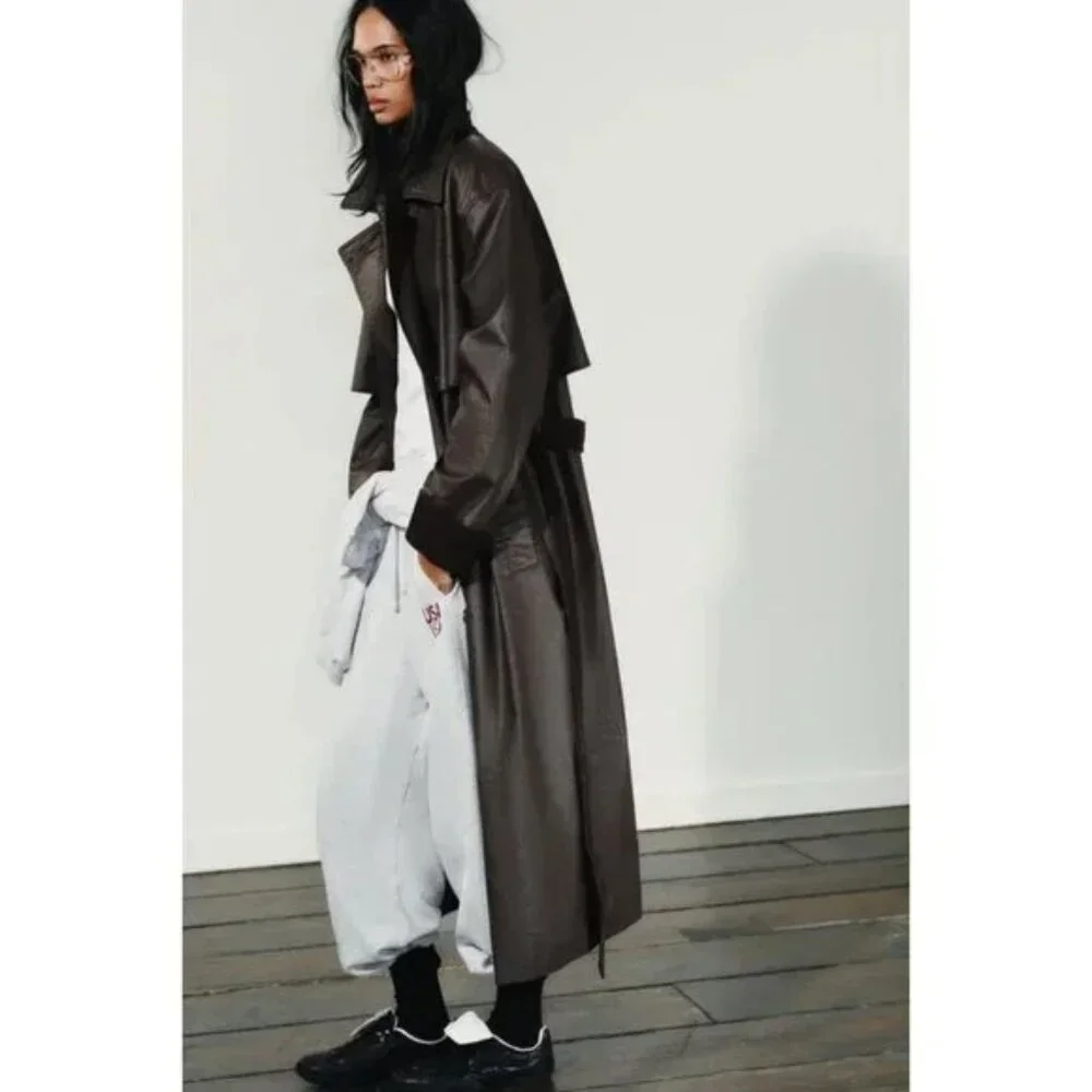 ZARA LONG WAXED TRENCH COAT WITH CORDUROY CUFFS - Picture 3 of 10
